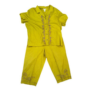 Vintage Bechamel Olive Green Embroidered Design Two Piece Pants Set Size 3X